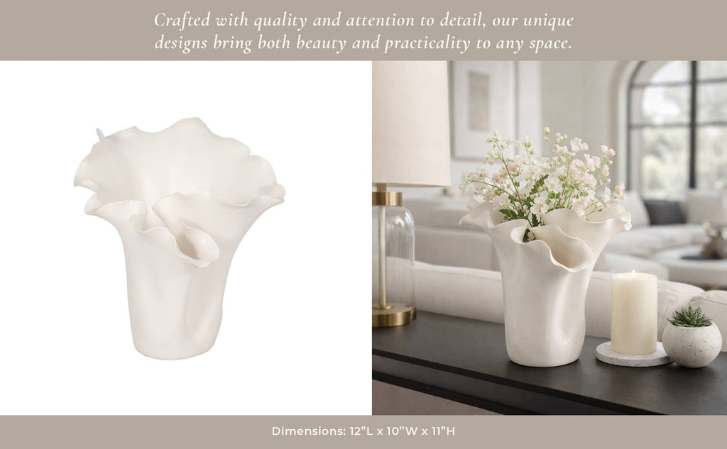 White Ruffled Edge Ceramic Vase, Medium