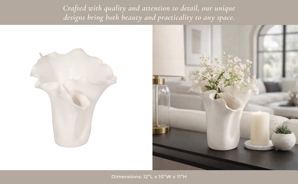 White Ruffled Edge Ceramic Vase, Medium
