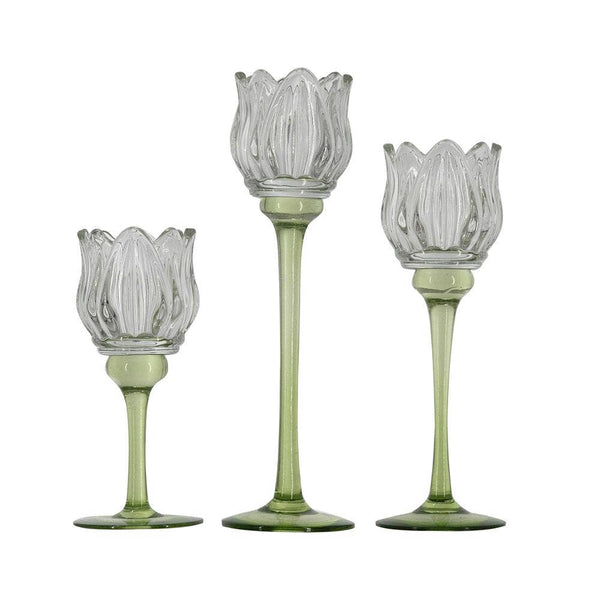 Green Tulip Glass Candle Holders, Set of 3