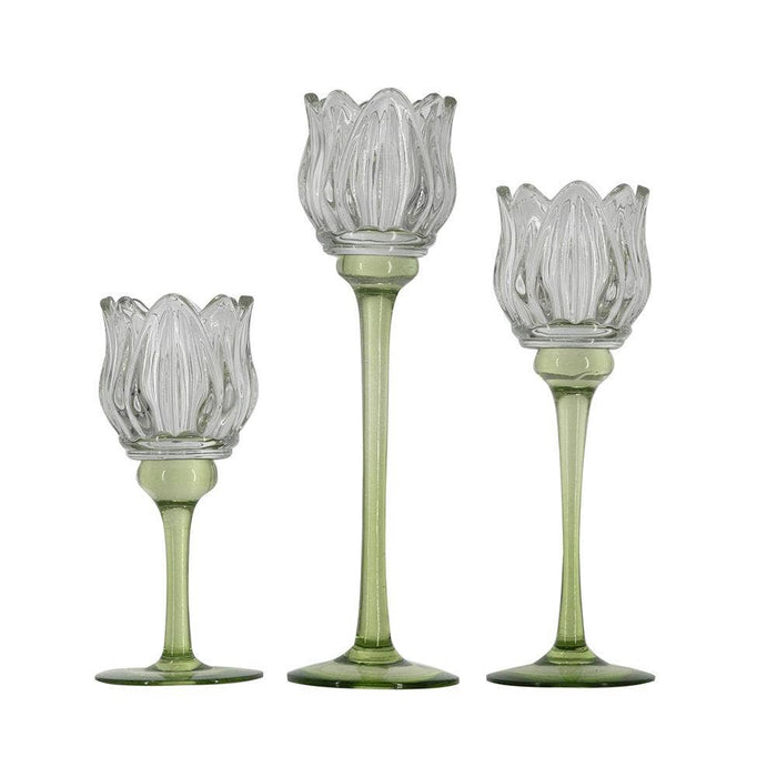 Green Tulip Glass Candle Holders, Set of 3