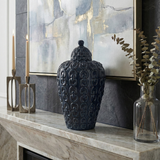 Decorative Jar - Blue Ceramic Chain Texture Lidded, 12 in.