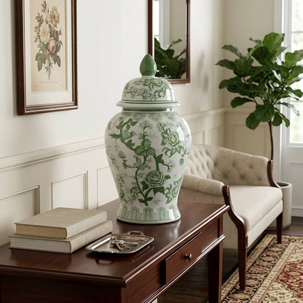 Green Bird and Flower Tall Lidded Jar