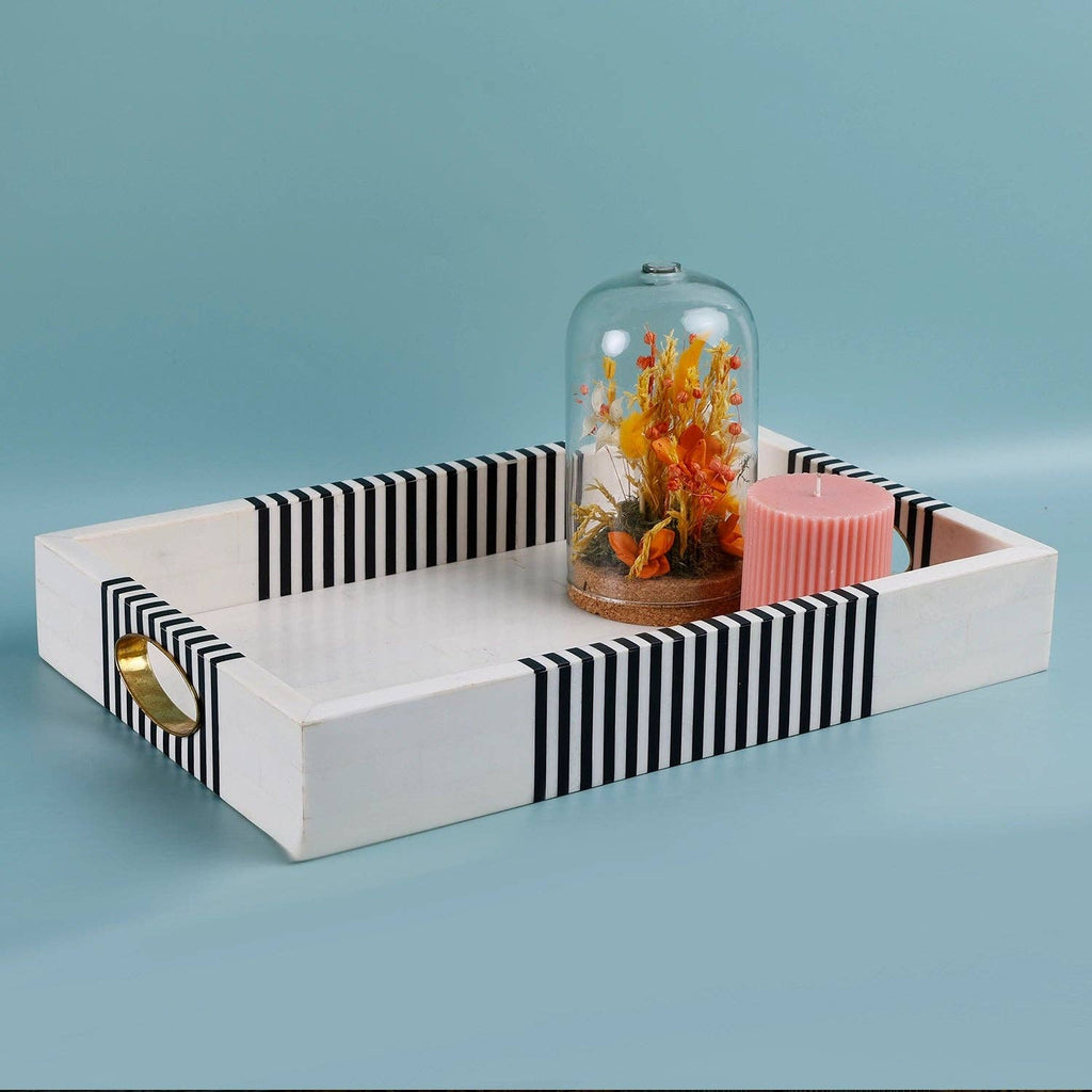 Black and White Resin Inlay Tray with Brass, 11 x 17 in.