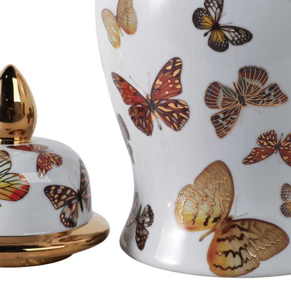 White and Gold Butterfly Lidded Jar, Medium