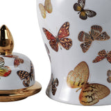 Decorative Jar- White/Gold Ceramic Tall Butterflies, 14.5in.