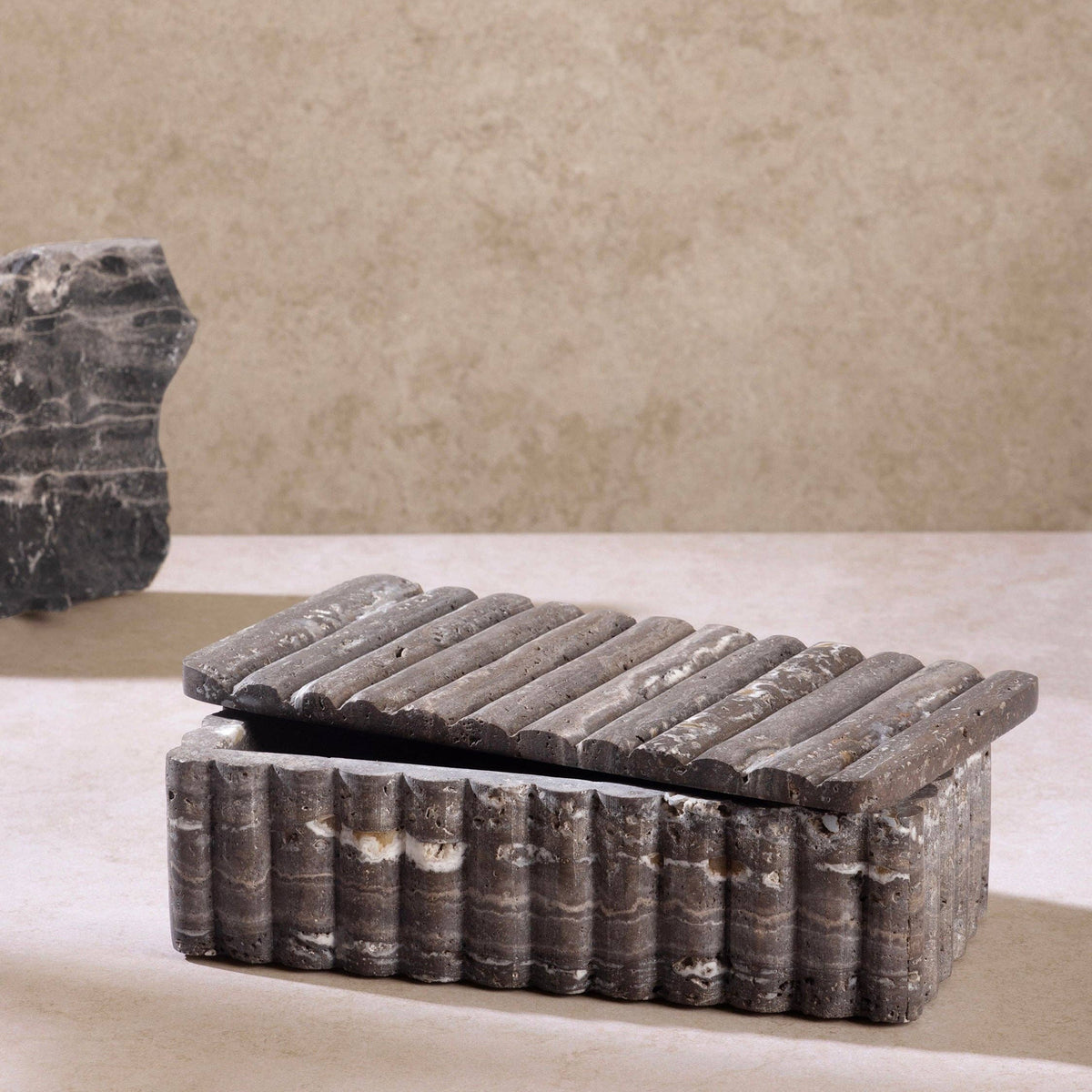 Cuba Ribbed Onyx Decorative Box, Fossil Gray