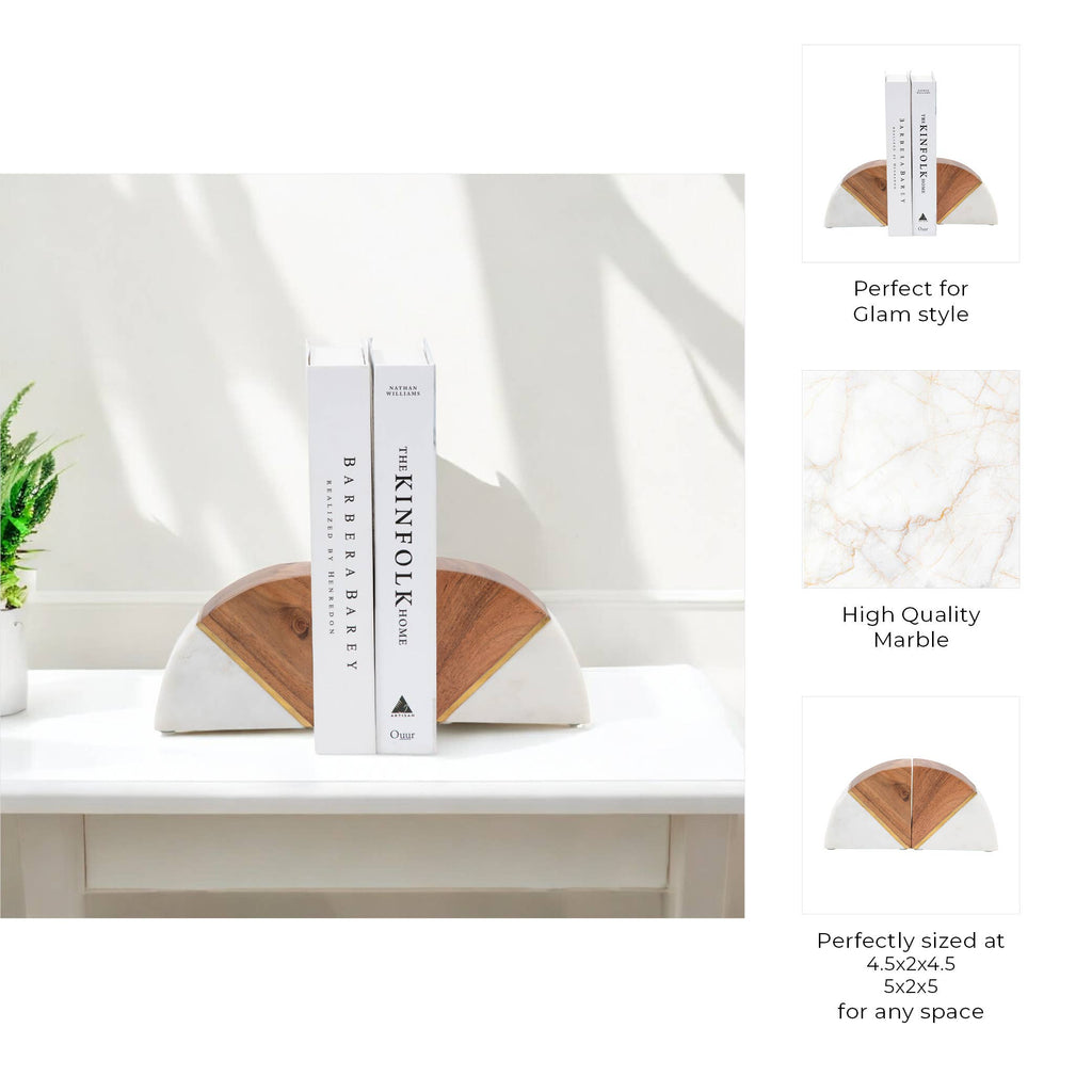 White Marble Half-Moon Bookends, Set of 2