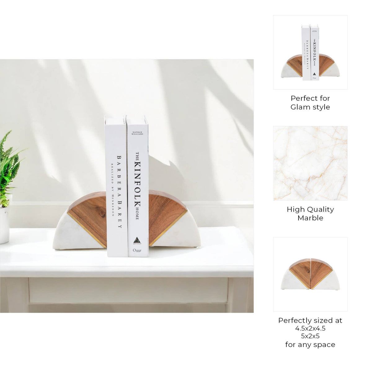 White Marble Half-Moon Bookends, Set of 2