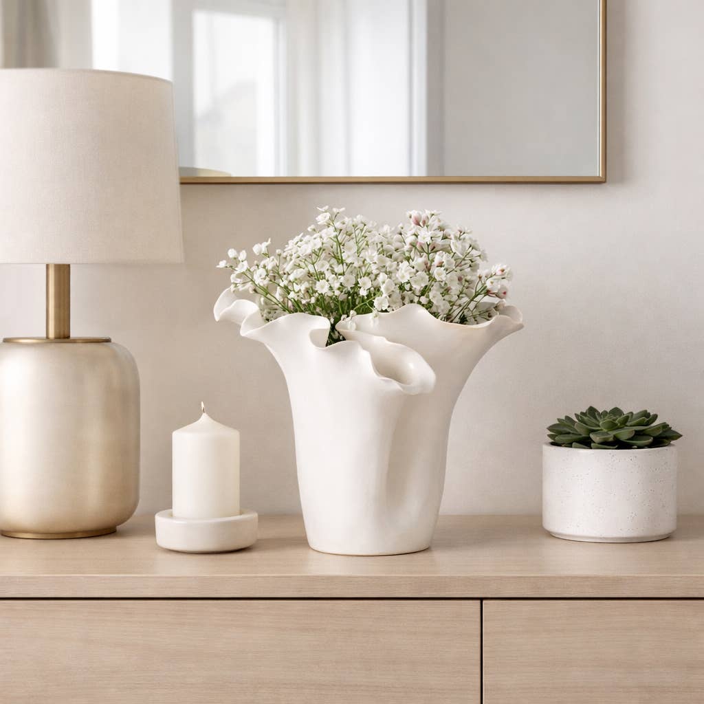 White Ruffled Edge Ceramic Vase, Medium