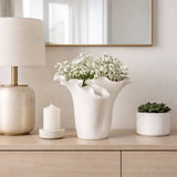 Decorative Vase - White Ceramic Handmade Ruffled Edge, 11 in