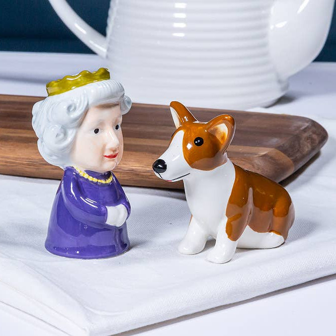 Queen and Corgi Salt and Pepper Shakers, 3.5 in.