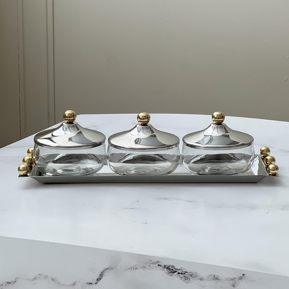 Stainless Steel Dip Tray and Bowls with Gold Balls