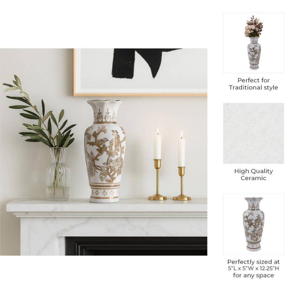 Brown and White Bird and Vine Vase