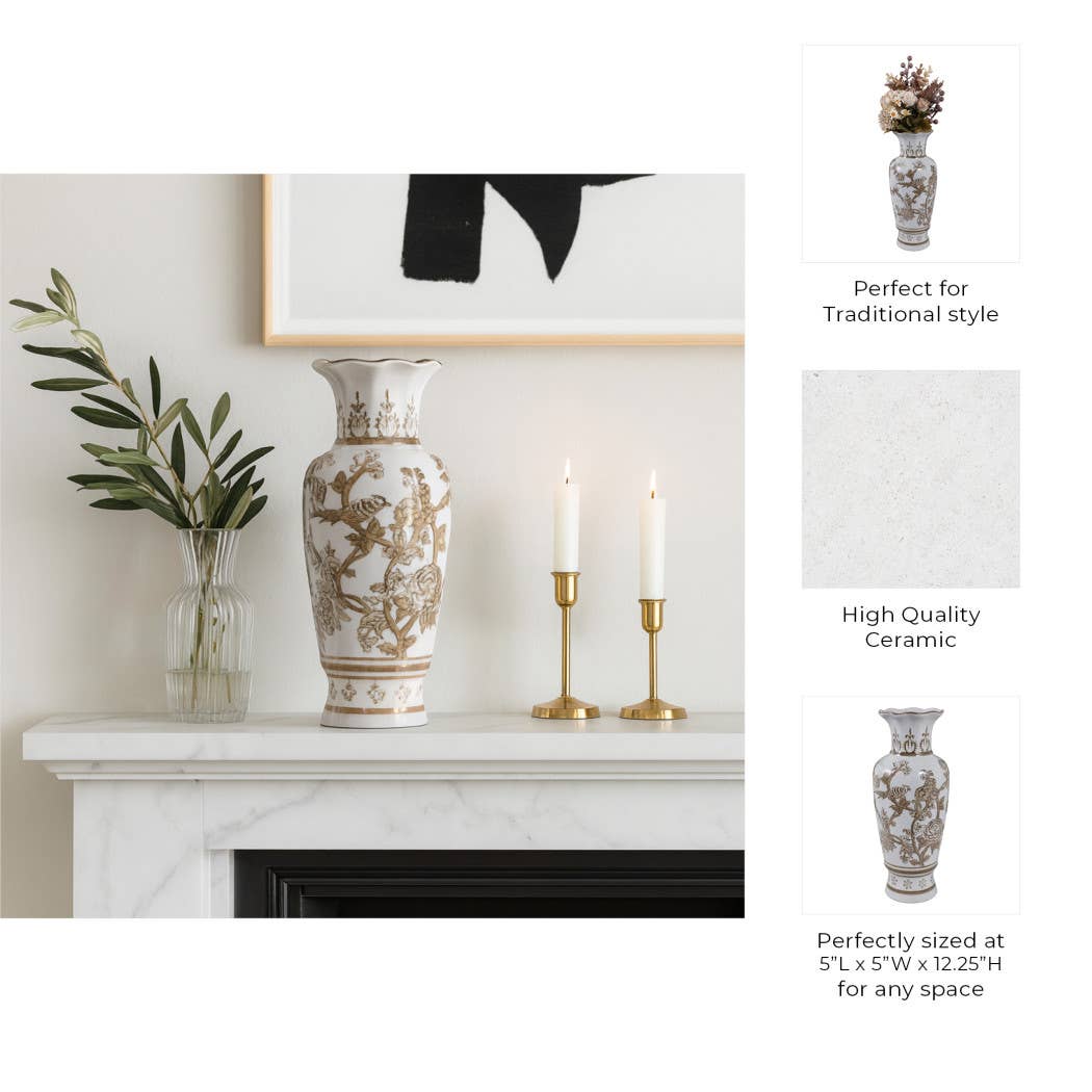 Brown and White Bird and Vine Vase