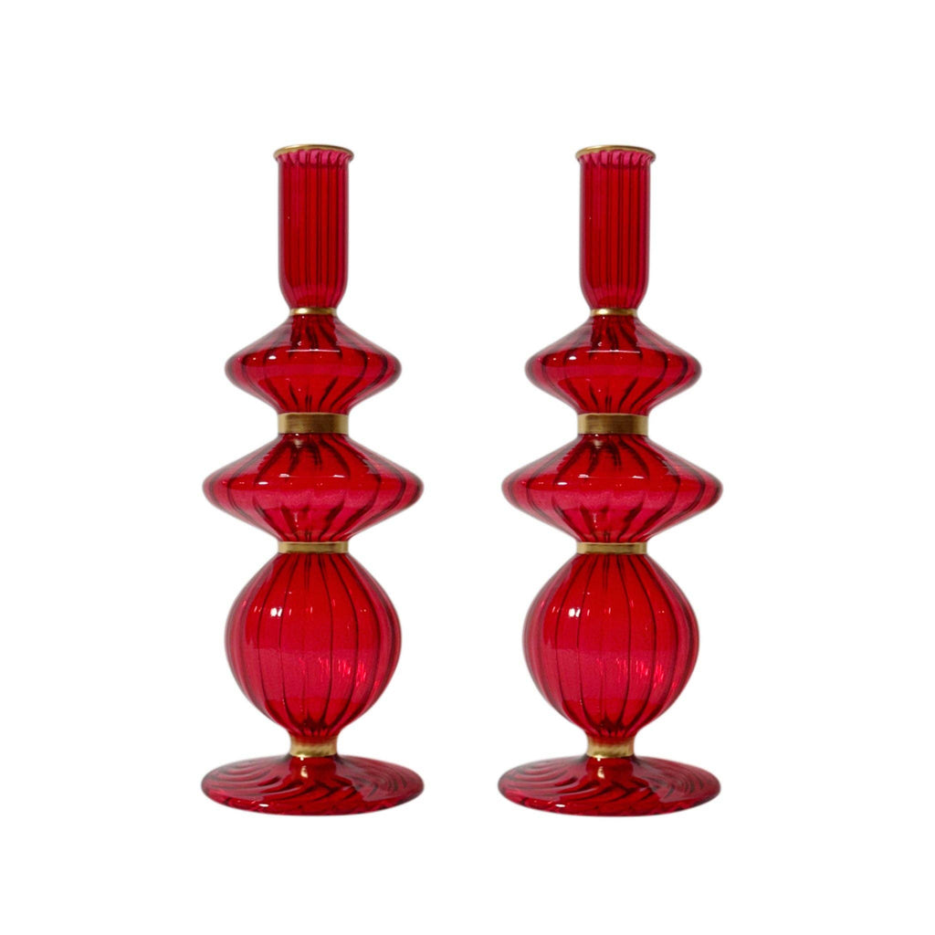Madelyn Red Glass Candle Holder with Gold Trim, Set of 2