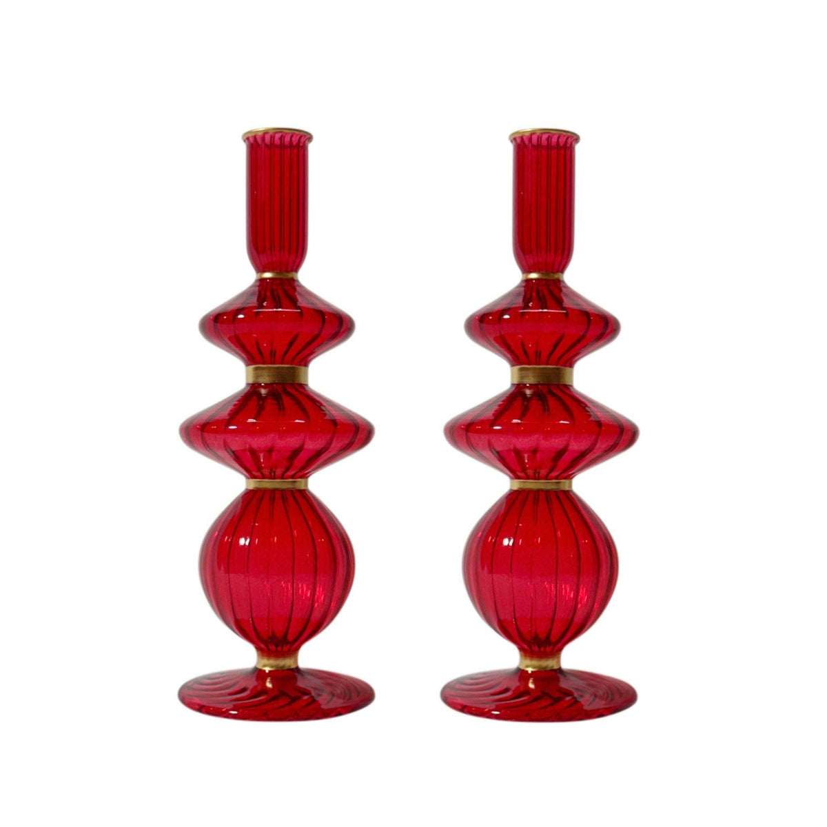 Madelyn Red Glass Candle Holder with Gold Trim, Set of 2