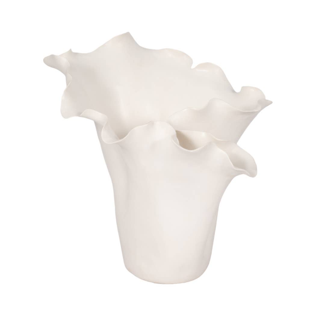 White Ruffled Edge Ceramic Vase, Medium