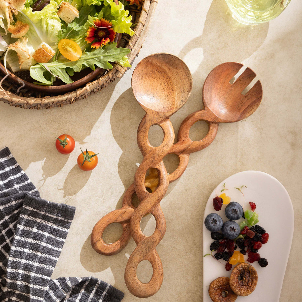 Valencia Carved Wood Salad Servers, Set