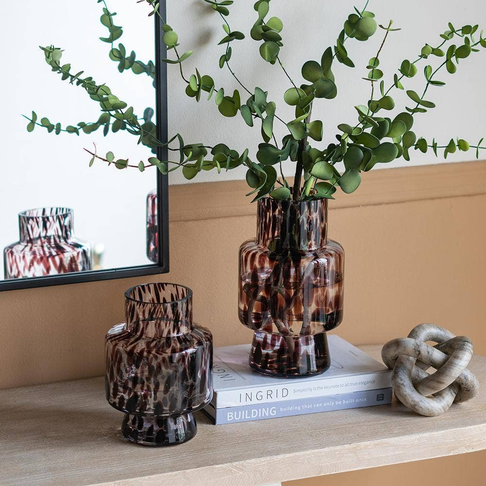 Clear Glass Amber Speckle Pedestal Vase