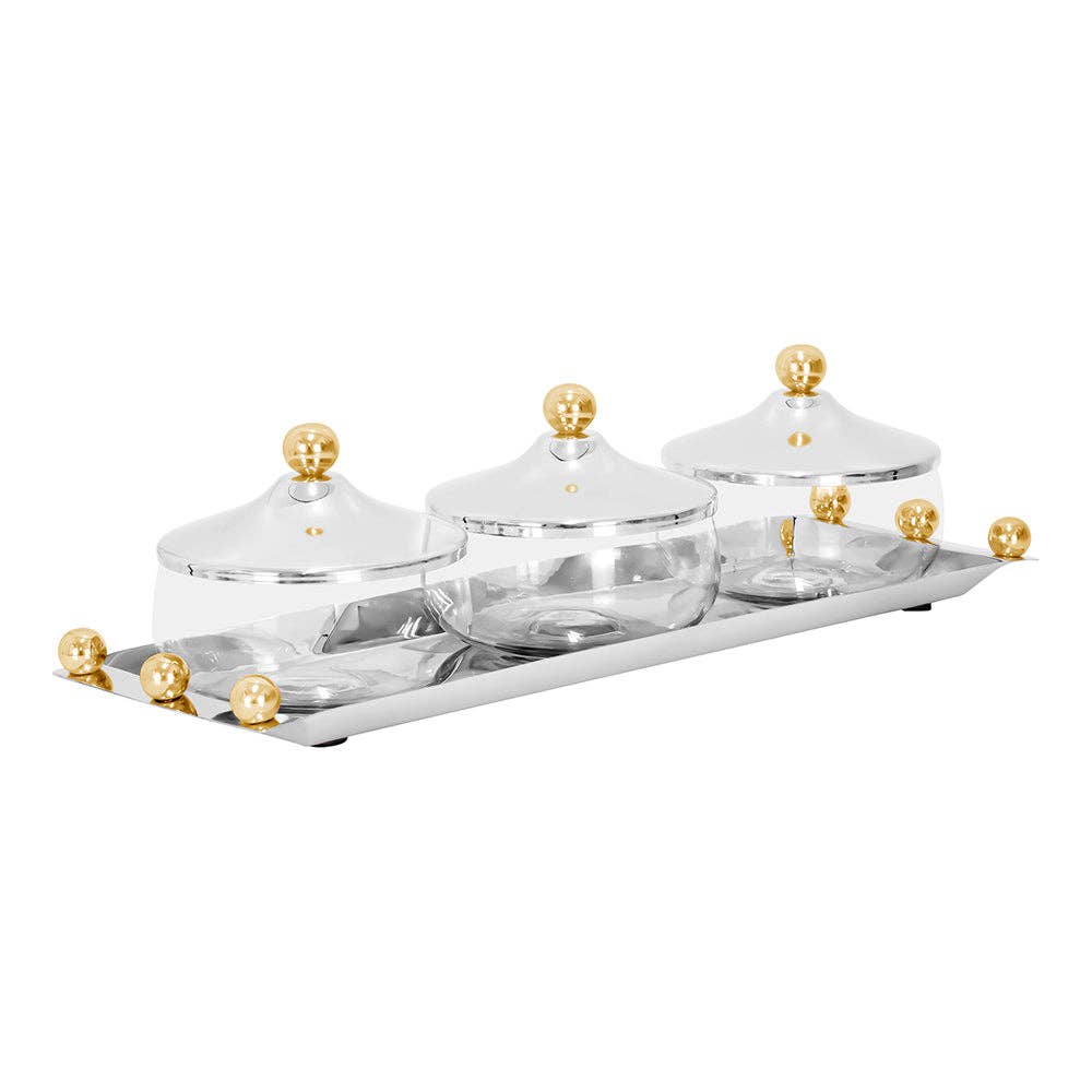 Stainless Steel Dip Tray and Bowls with Gold Balls