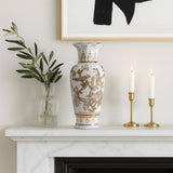 Decorative Vase - Brown/White Ceramic Bird and Vines, 12 in.