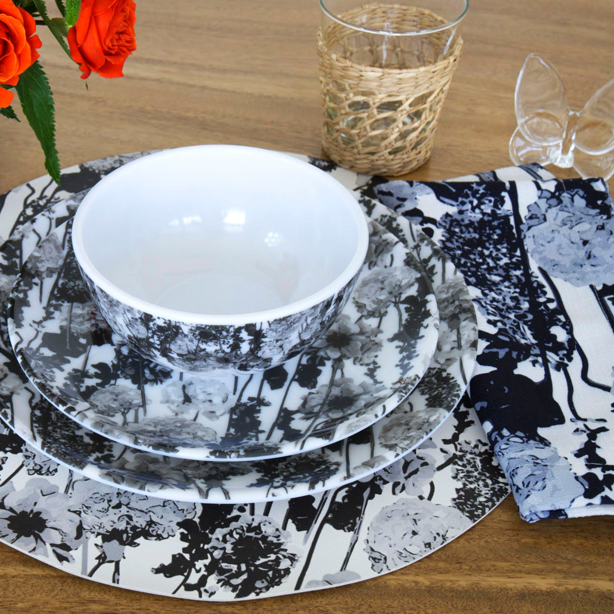 Grayscale Floral Garden Melamine Hostess Set, 20-Piece (Service for 4)