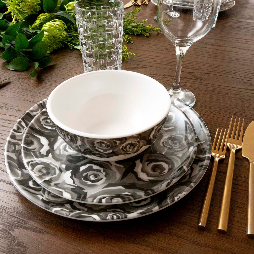 Grayscale Roses Melamine Starter Set, 12-Piece (Service for 4)
