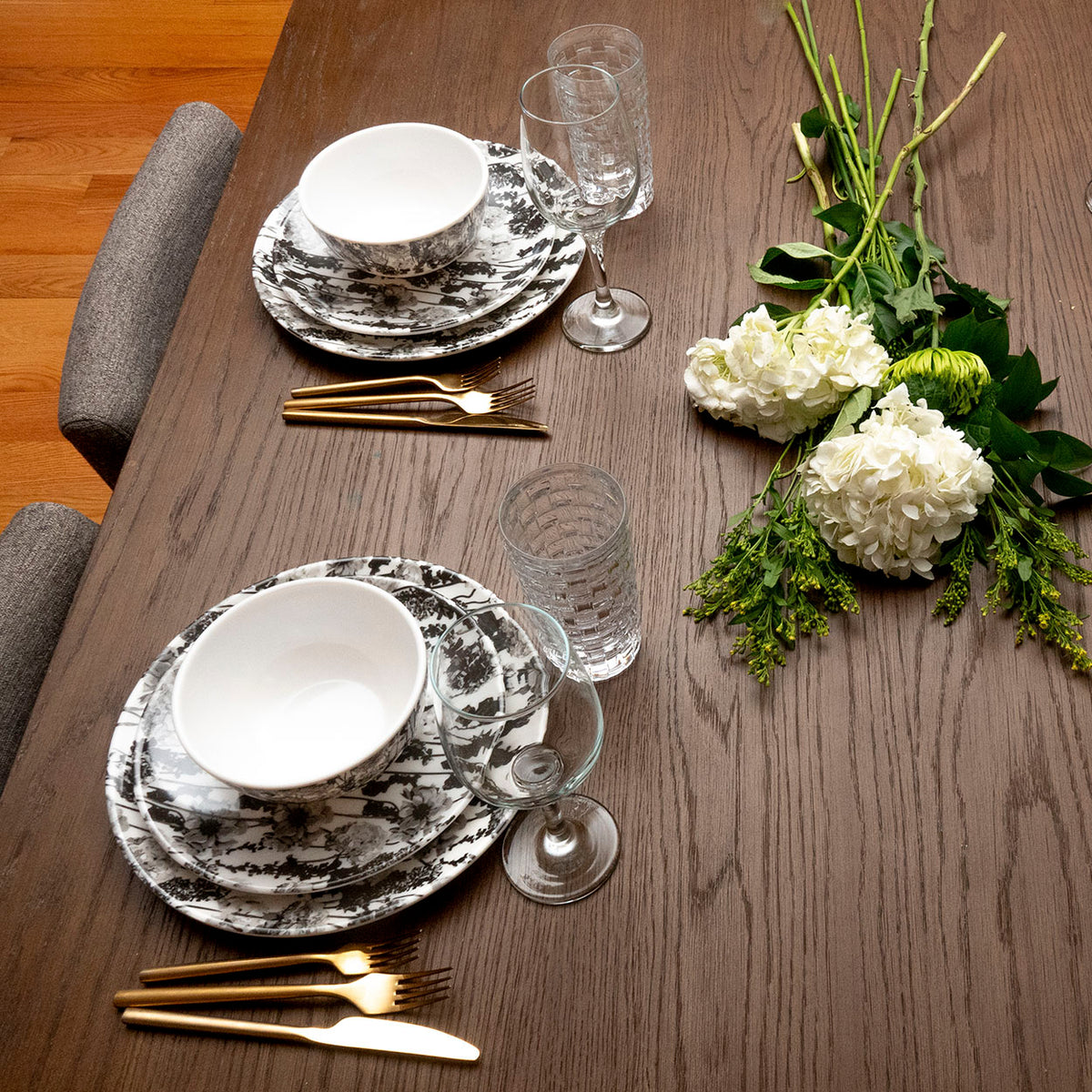 Grayscale Floral Garden Melamine Starter Set, 12-Piece (Service for 4)