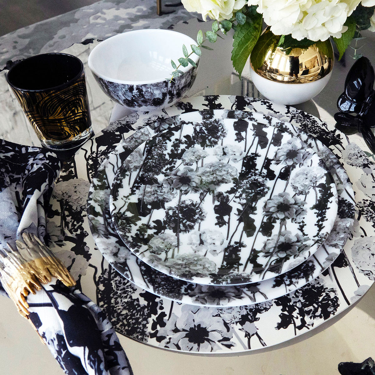 Grayscale Floral Garden Melamine Hostess Set, 20-Piece (Service for 4)