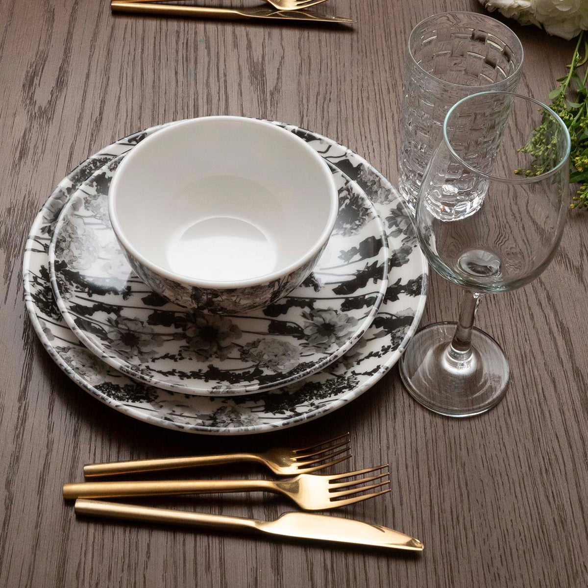 Grayscale Floral Garden Melamine Starter Set, 12-Piece (Service for 4)