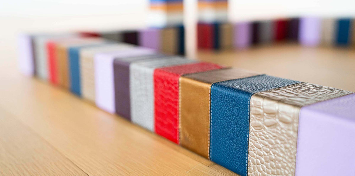 Row of custom dyed Italian leather samples
