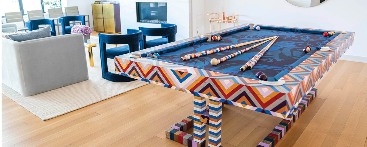 The hand-painted Blatt Billiards pool table in a bright room