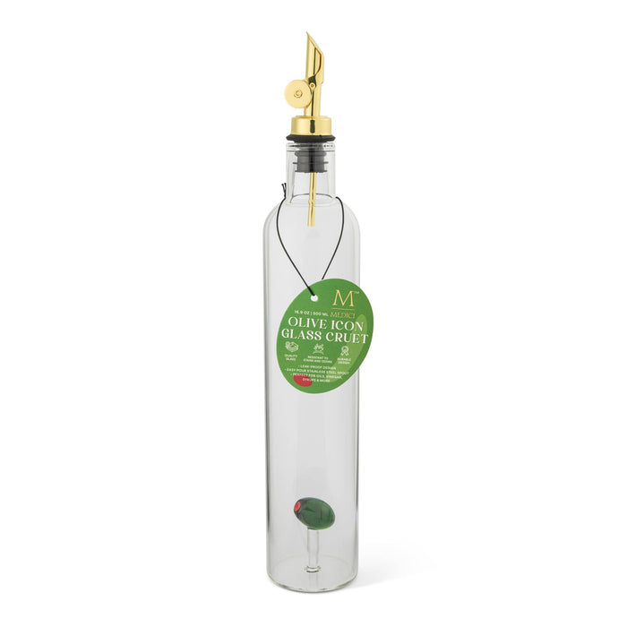 Olive Motif Glass Oil Bottle with Gold Lid