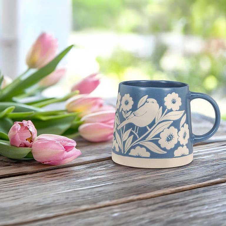 Wide Base Mug Leaves & Birds - Blue