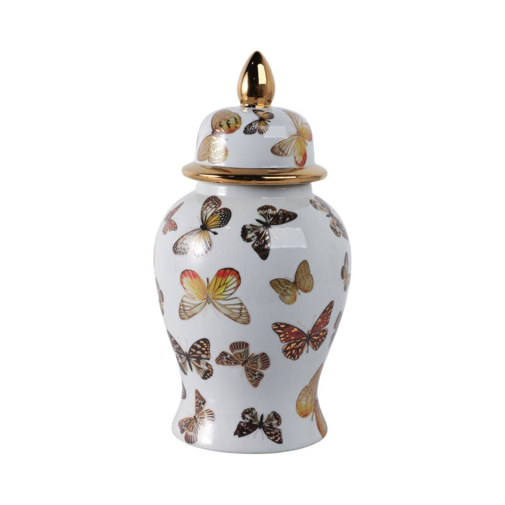 White and Gold Butterfly Lidded Jar, Medium