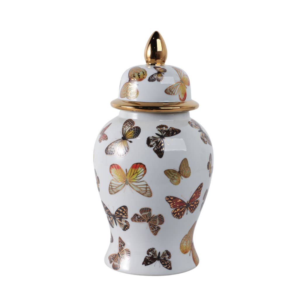 White and Gold Butterfly Lidded Jar, Medium