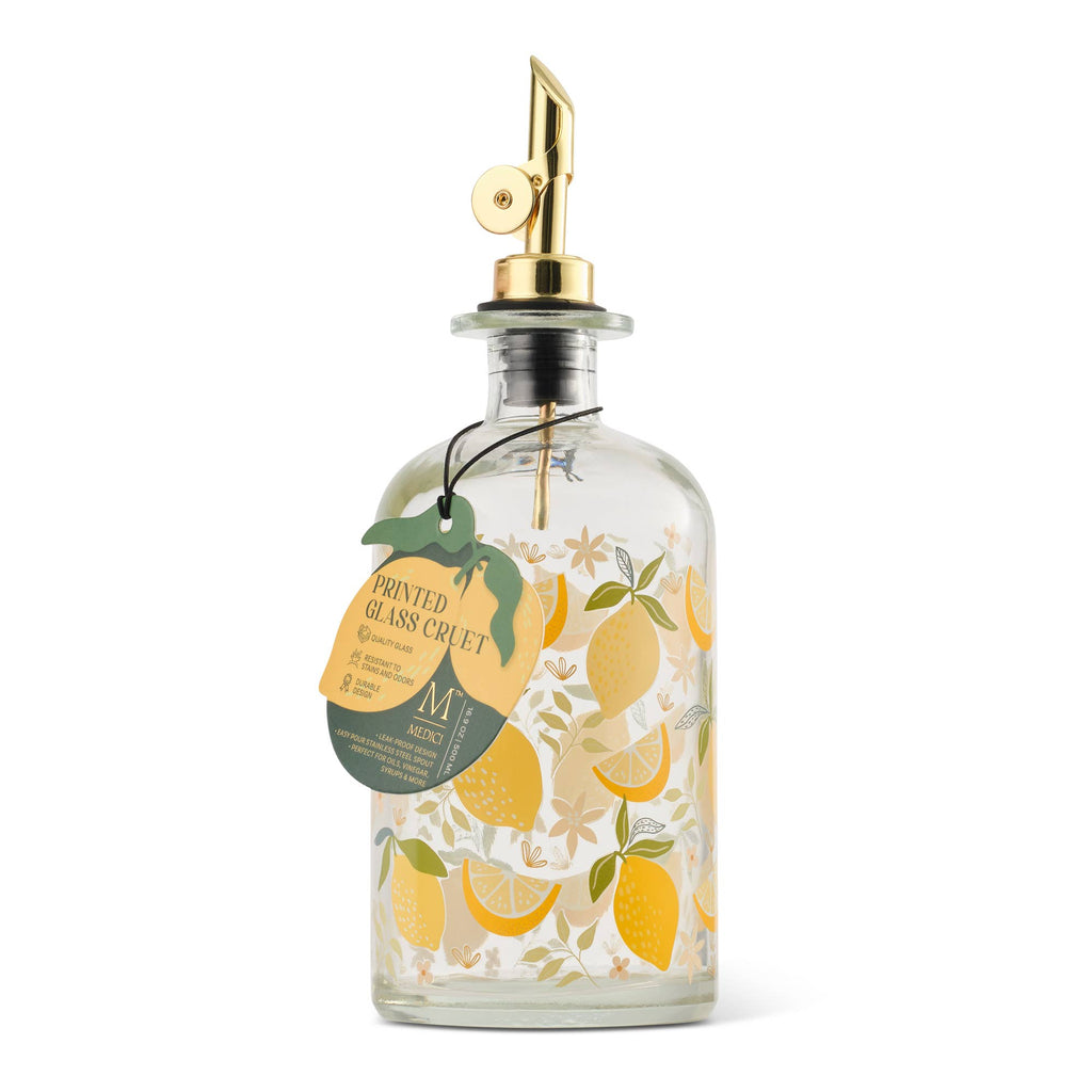 Lemon Floral Glass Oil Cruet with Gold Top