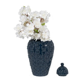Decorative Jar - Blue Ceramic Chain Texture Lidded, 12 in.