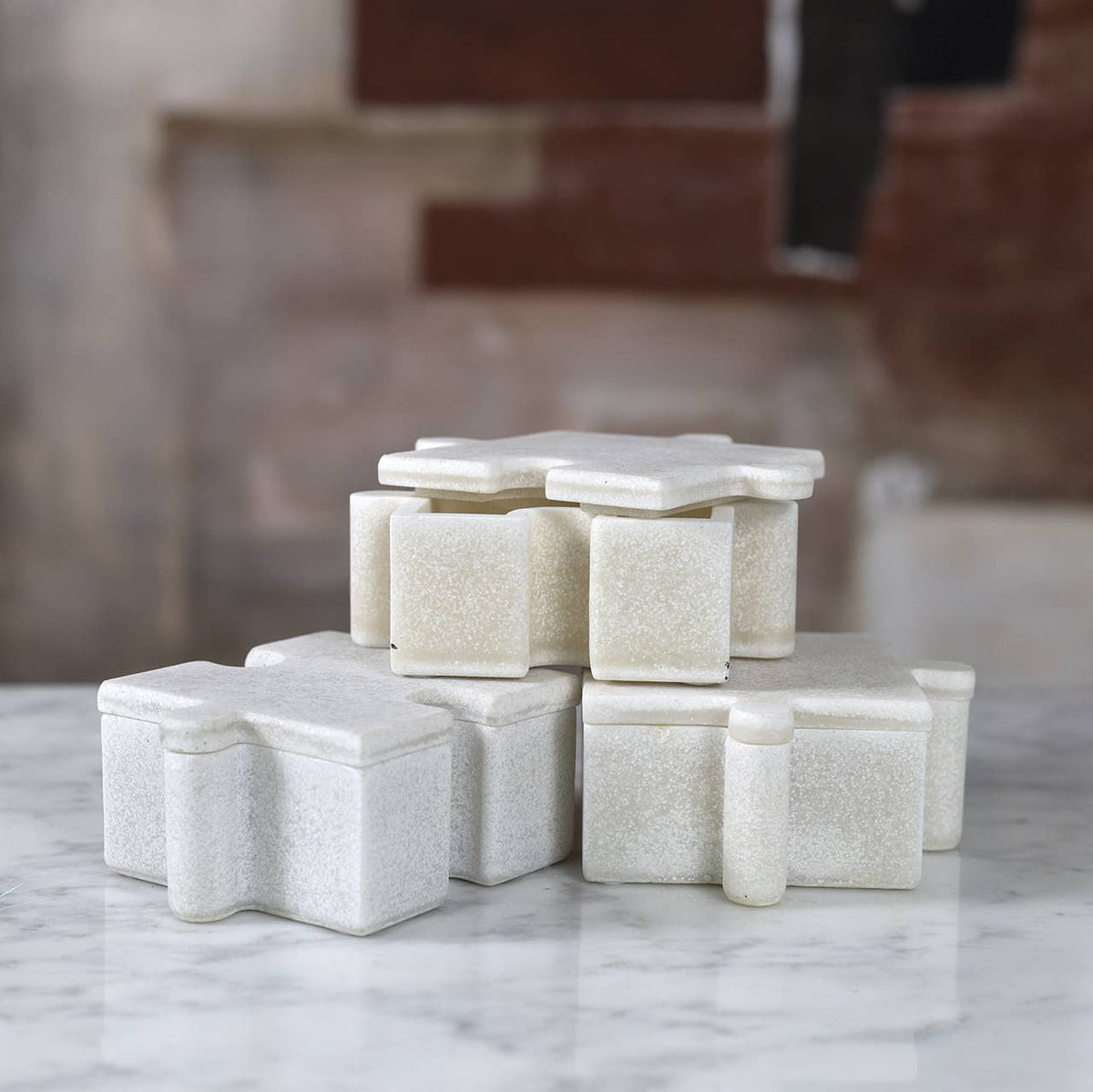 Bianco White Marble Puzzle Boxes, Set of 3