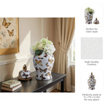 Decorative Jar- White/Gold Ceramic Tall Butterflies, 14.5in.