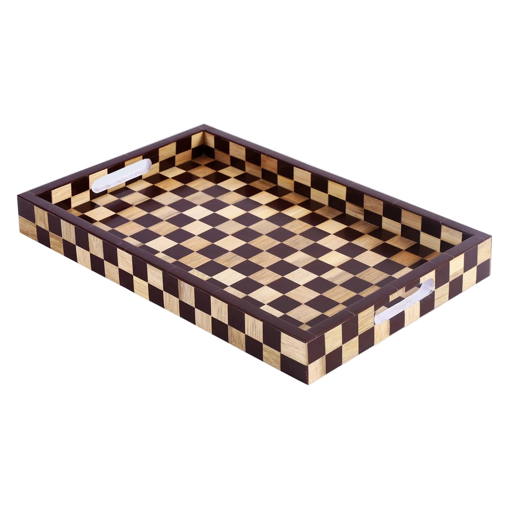 Brown Checkered Decorative Tray Coffee Table Ottoman 17"x11"