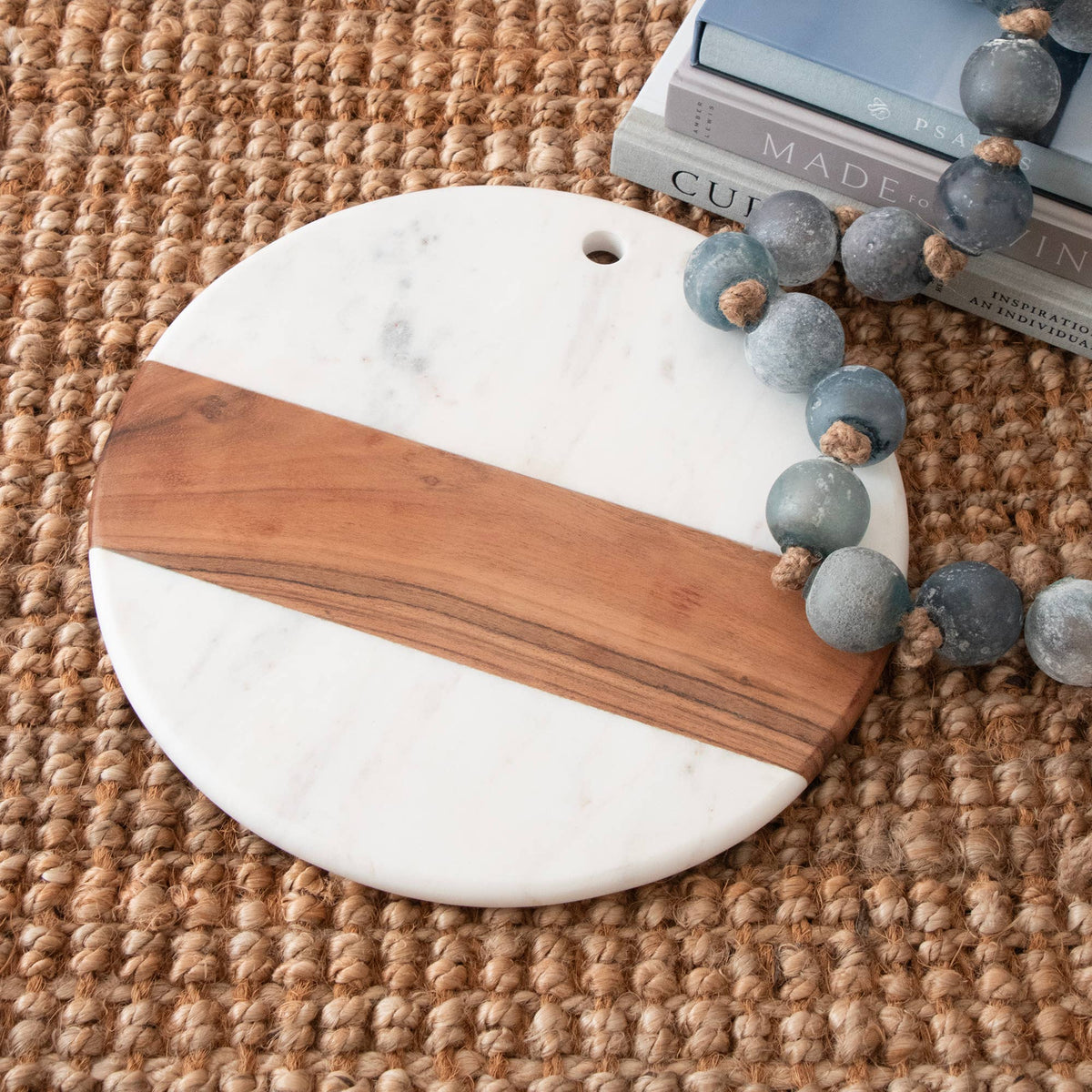 Round White Marble and Acacia Wood Charcuterie Board
