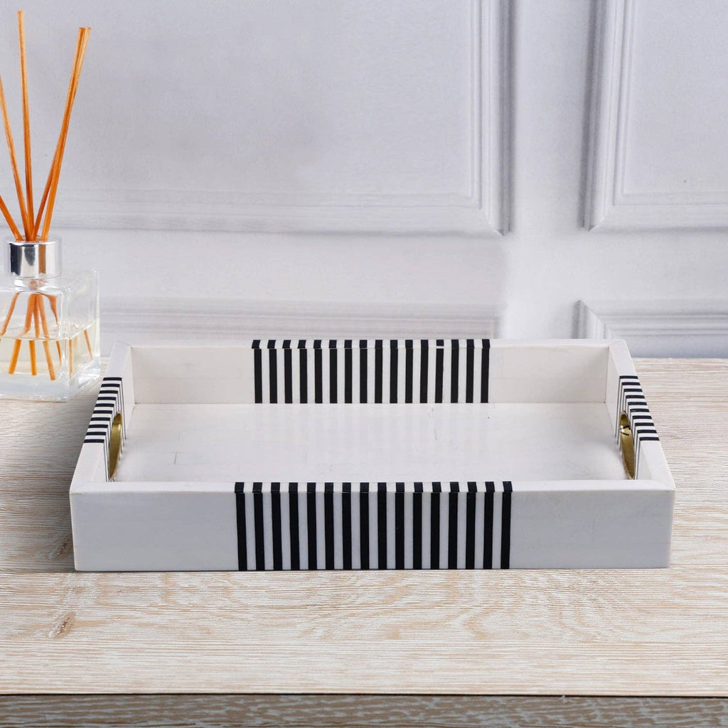 Black and White Resin Inlay Tray with Brass, 11 x 17 in.