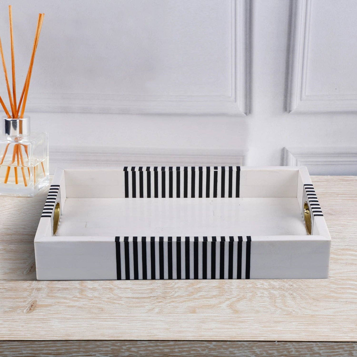 Black and White Resin Inlay Tray with Brass, 11 x 17 in.