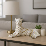 Figurine White/Gold Ceramic Leopard Lying Down, 10 in.