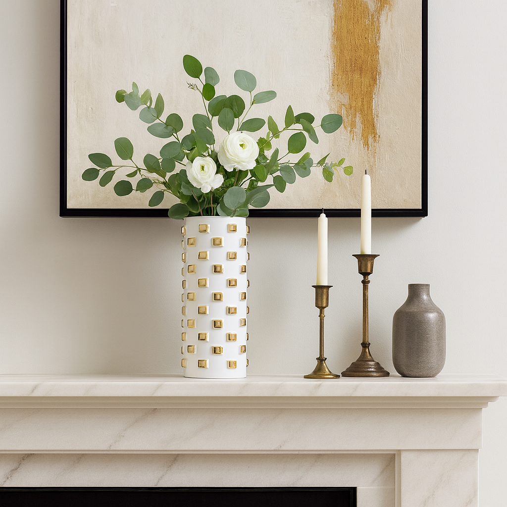 White and Gold Raised Dot Cylinder Vase