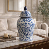 Decorative Jar - White/Blue Ceramic Chinoiserie Charm, 18 in