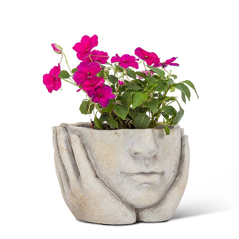 Face in Hands Cement Planter, Small