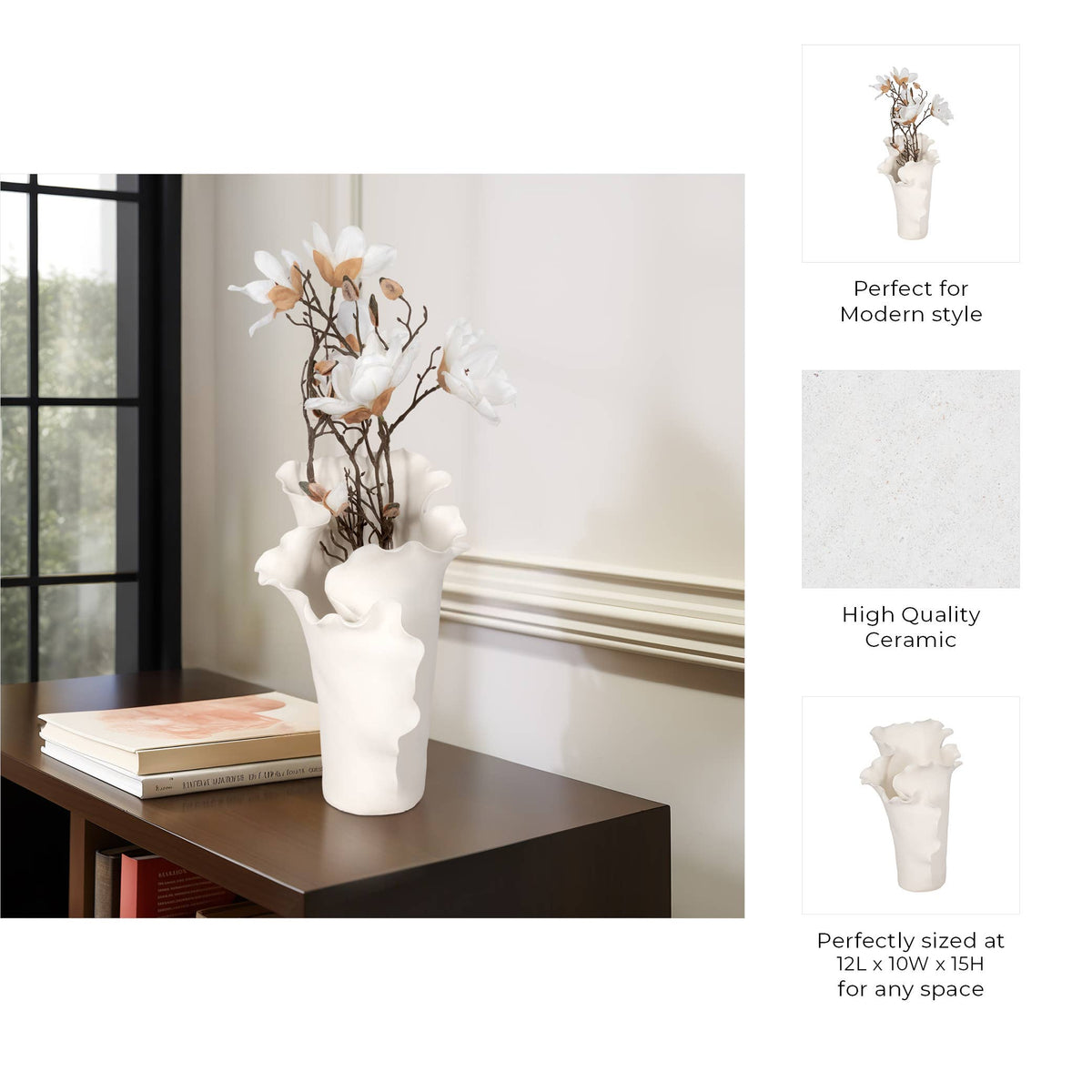 White Ruffled Edge Ceramic Vase, Large