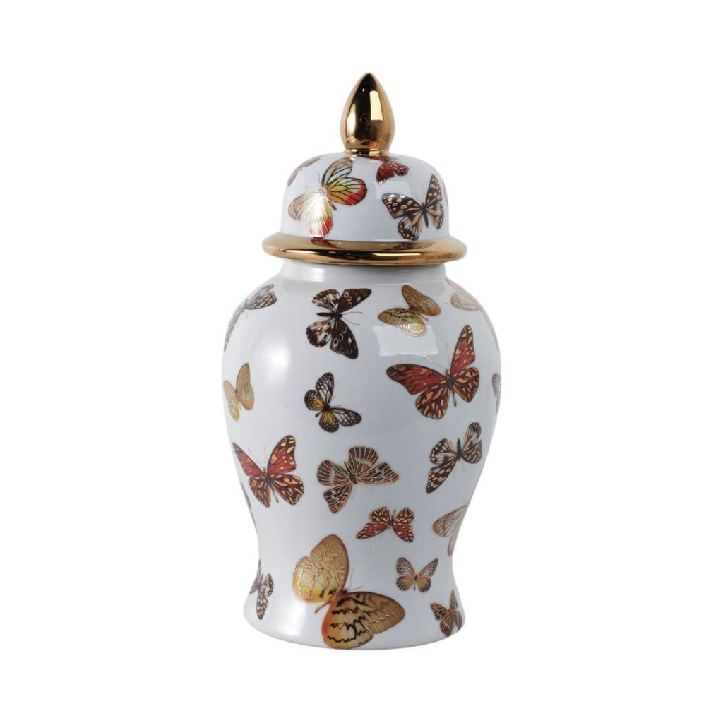 White and Gold Butterfly Lidded Jar, Medium
